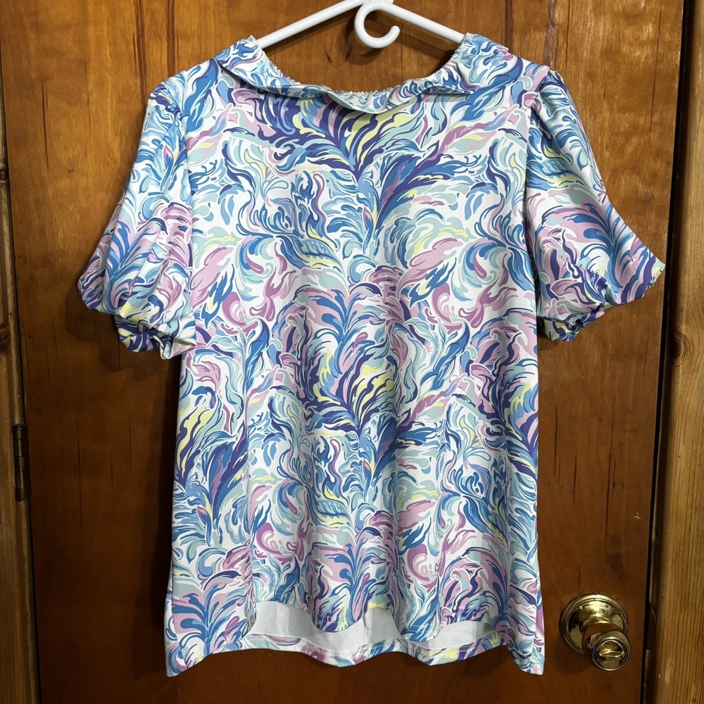 Simply Southern Ruffle Collar Puff Sleeve Top L Pink Blue Swirl Abstract